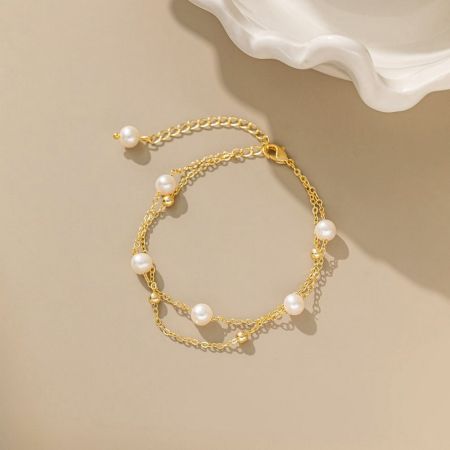 Two Layer Pearl Beaded Chain Bracelet for Women